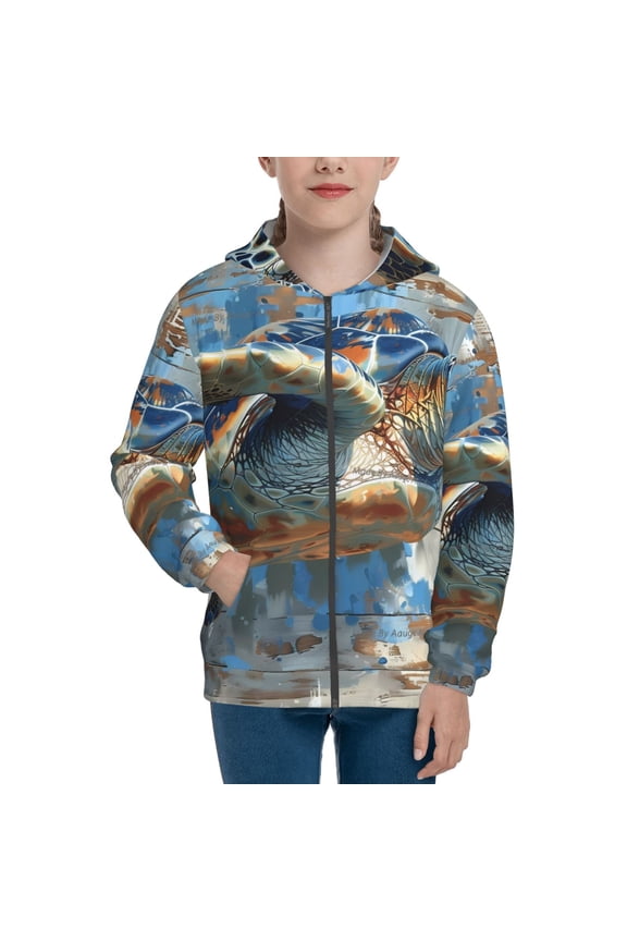 Abstract Sea Turtle Teenage Zipper Hoodie, Long Sleeve Zip Up Hoodies Casual Jackets Tops for 7-12 Years-Small