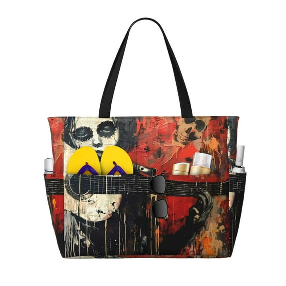 Naloa Abstract Skull Guitar Art Large Capacity Beach Bag, Waterproof Sandproof Beach Swim Pool Bag Tote Bag for Women