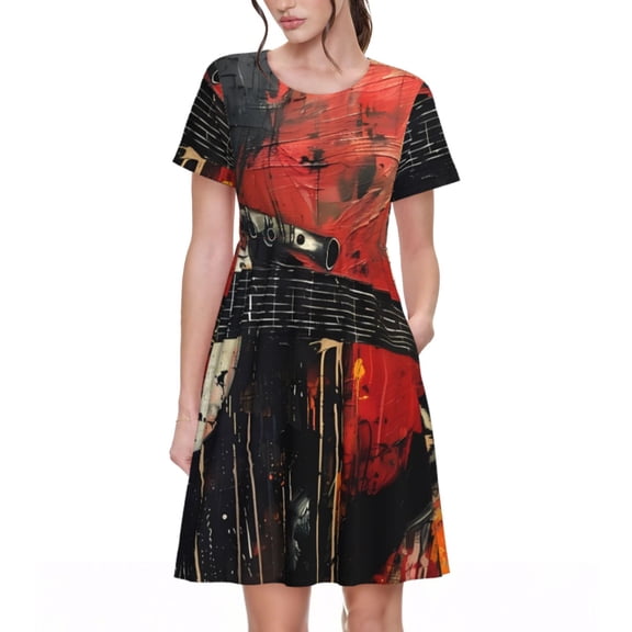 Naloa Abstract Skull Guitar Art Print Womens Summer A-Line Dress with Pockets,Short Sleeve Dresses,Flowy Beach Swing Dress for Vacation Travel