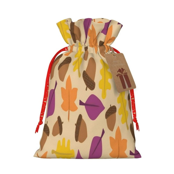 Naloa Acorn Autumn Fall Leaf Leaves Drawstring Christmas Bags, 3D Xmas Gift Bags, Christmas Wrapping Bags, Xmas Goodie Bags, Treat Pouch Bags, Party Favor Bags-Medium