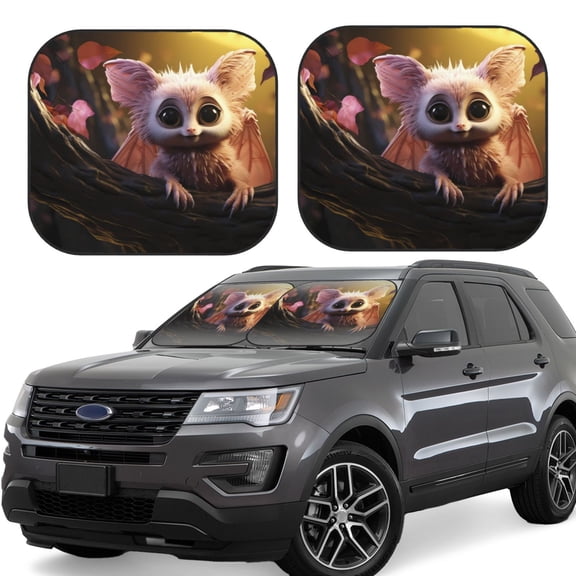 Naloa Adorable Fluffy Bat Print 2-Piece Windshield Sunshade,Foldable Car Front Window Sun Shades,for Most Sedans SUV Truck-Large