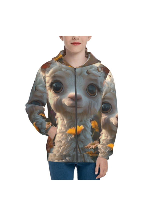 Adorable Llama In Flowers Teenage Zipper Hoodie, Long Sleeve Zip Up Hoodies Casual Jackets Tops for 7-12 Years-