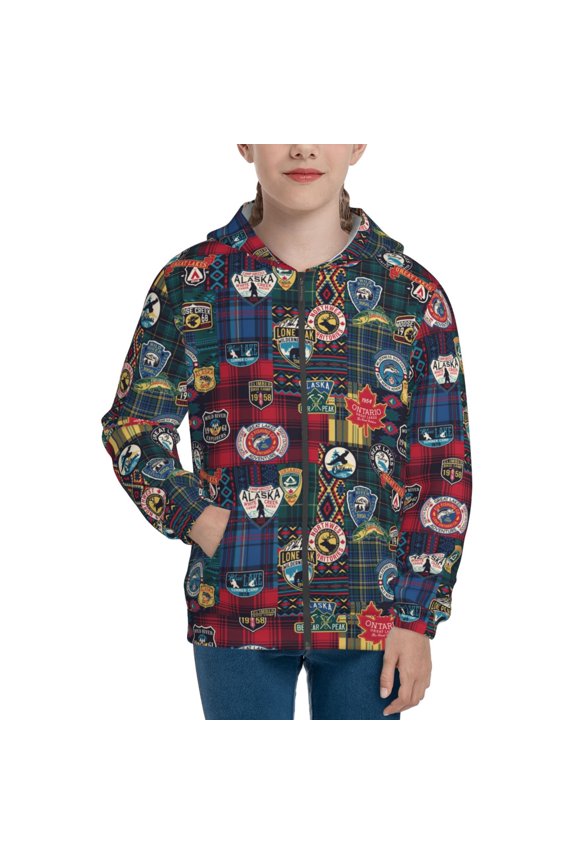 Adventure Camping Badge Teenage Zipper Hoodie, Long Sleeve Zip Up Hoodies Casual Jackets Tops for 7-12 Years-Medium