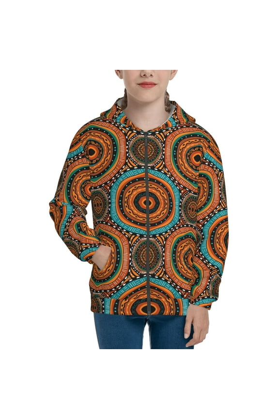 African Tribal Style Teenage Zipper Hoodie, Long Sleeve Zip Up Hoodies Casual Jackets Tops for 7-12 Years-Small