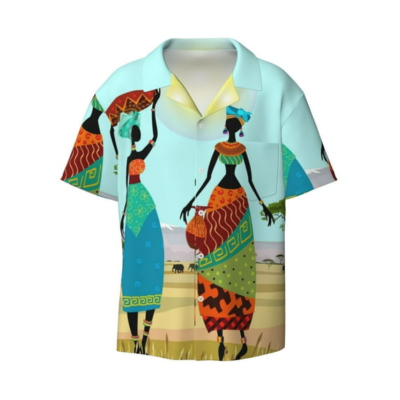 Naloa African Women Men's Loose Fit Cuban Collar Short-Sleeve Shirt with Button-down and Chest Pocket for Everyday Wear Outings - Medium