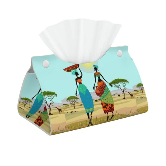 Naloa African Women Print Leather Tissue Box Cover Rectangle | Long Tissue Box Cover | Tissue Box Holder | Tissue Holder for Bathroom