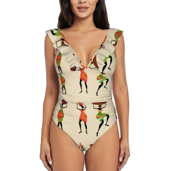 Naloa African Women Print Women One Piece Swimsuits Tummy Control Bathing Suit Ruffle V Neck Swimwear Slimming Monokini