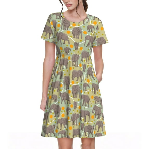 Naloa African bush elephant Print Womens Summer A-Line Dress with Pockets,Short Sleeve Dresses,Flowy Beach Swing Dress for Vacation Travel