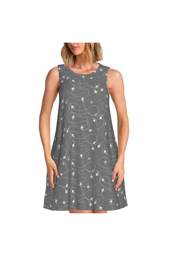 Airplane Routes Around The World Print Women's Summer Spring Casual Beach Sundress,Vacation Sleeveless Tank Crewneck Loose Dresses