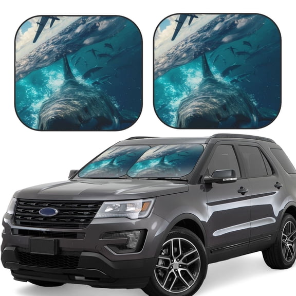 Naloa Airplane Shark Print 2-Piece Windshield Sunshade,Foldable Car Front Window Sun Shades,for Most Sedans SUV Truck-Large