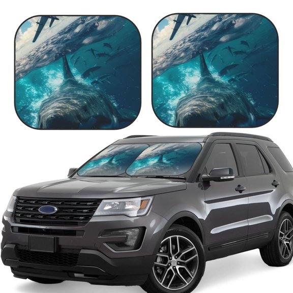 Naloa Airplane Shark Print 2-Piece Windshield Sunshade,Foldable Car Front Window Sun Shades,for Most Sedans SUV Truck-Small