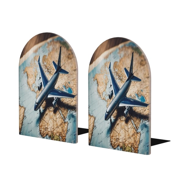 Naloa Airplane World Map Adventure 2 Pcs Bookend Large Capacity Office Book Ends for Home Office Library School Study Decoration