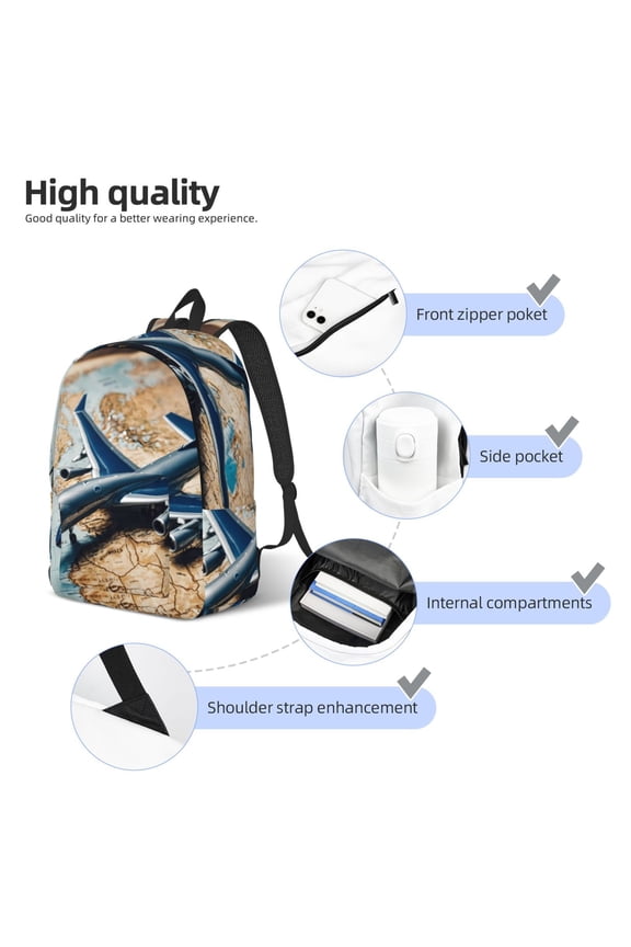 Airplane World Map Adventure Print Durable Canvas College Rucksack,Laptop Excursion Backpack,Travel Notebook School Backpack,Bookbag For Men Women