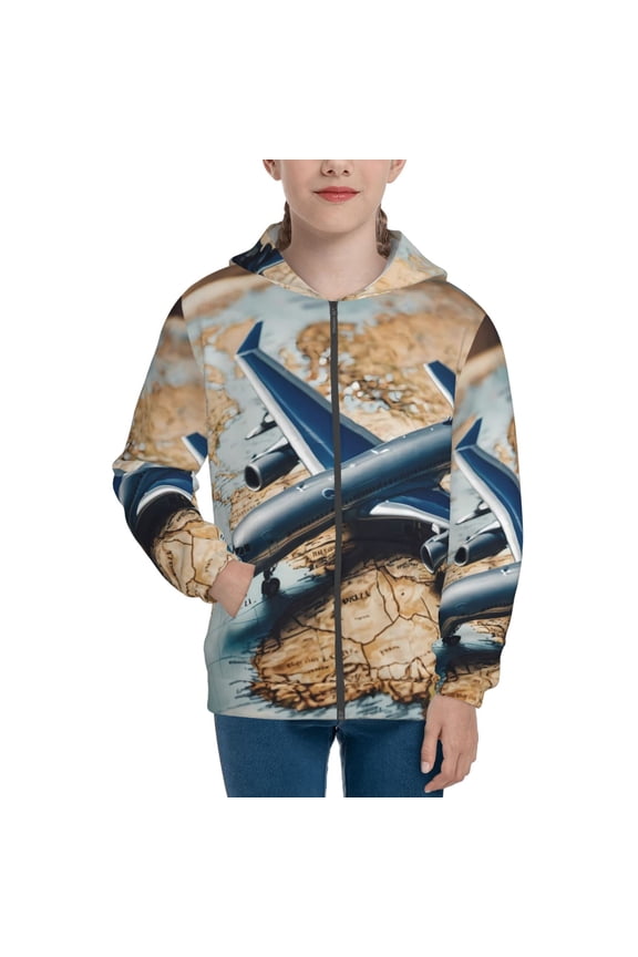 Airplane World Map Adventure Teenage Zipper Hoodie, Long Sleeve Zip Up Hoodies Casual Jackets Tops for 7-12 Years-
