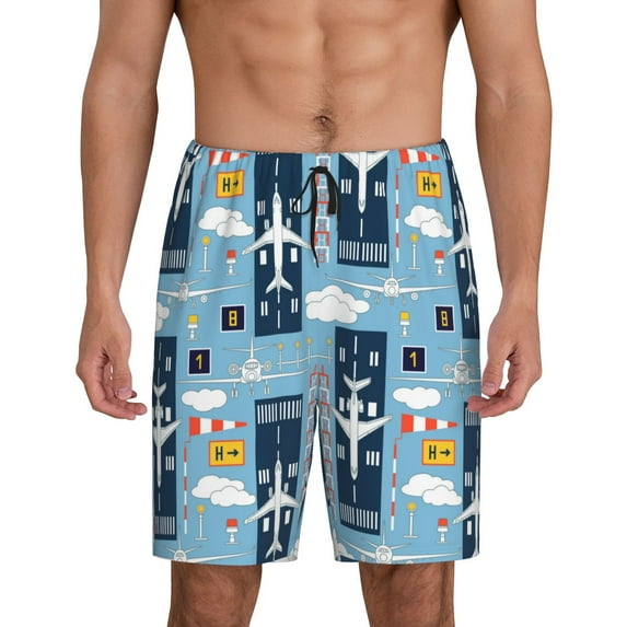 Naloa Airplanes and Aviation Signs Men's Short Pajama Pants, Lounge Comfort Shorts with Elasticized Waistband and Side Pockets - Medium