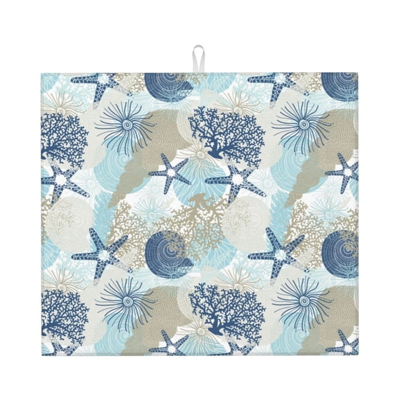 Naloa Algae Corals and Seashells Dish Drying Mat for Kitchen Counter, Heat Resistant Drainer Mats, Absorbent Draining Mat,Dish Rack Pad,16"x18"