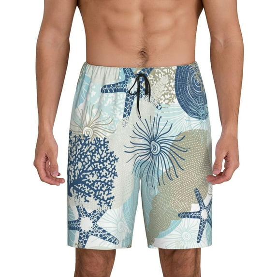 Naloa Algae Corals and Seashells Men's Short Pajama Pants, Lounge Comfort Shorts with Elasticized Waistband and Side Pockets - Large