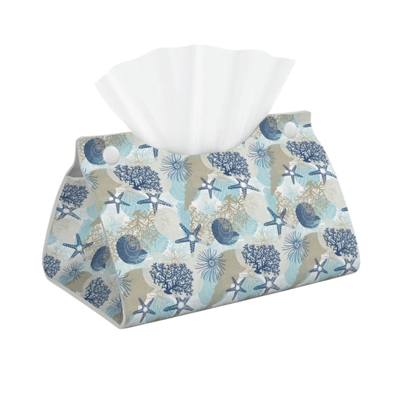 Naloa Algae Corals and Seashells Print Leather Tissue Box Cover Rectangle | Long Tissue Box Cover | Tissue Box Holder | Tissue Holder for Bathroom