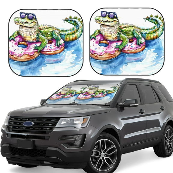 Naloa Alligator Donut Pool Float Print 2-Piece Windshield Sunshade,Foldable Car Front Window Sun Shades,for Most Sedans SUV Truck-Medium