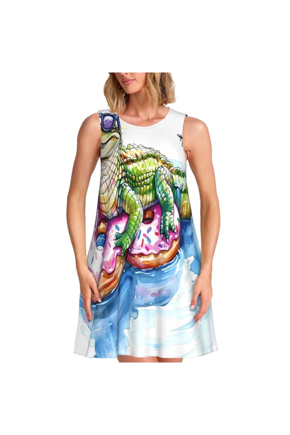 Alligator Donut Pool Float Print Women's Summer Spring Casual Beach Sundress,Vacation Sleeveless Tank Crewneck Loose Dresses