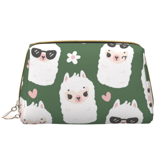 Naloa Alpaca Faces Leather Makeup Bag for Purse Travel, Portable Small Cosmetic Organizer for Women and Girls, Make up Bag with Zipper