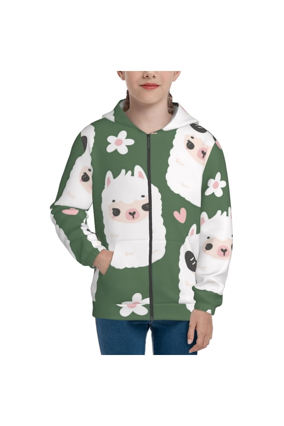 Alpaca Faces Teenage Zipper Hoodie, Long Sleeve Zip Up Hoodies Casual Jackets Tops for 7-12 Years-Small