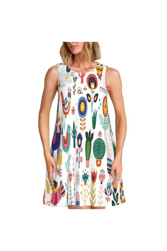 Alpaca Flower Print Women's Summer Spring Casual Beach Sundress,Vacation Sleeveless Tank Crewneck Loose Dresses