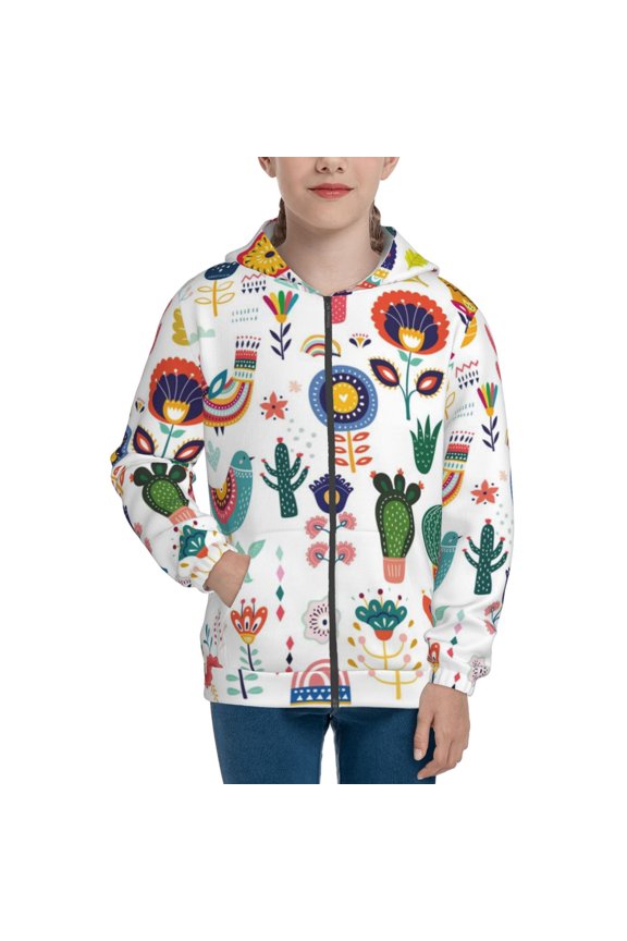 Alpaca Flower Teenage Zipper Hoodie, Long Sleeve Zip Up Hoodies Casual Jackets Tops for 7-12 Years-Small