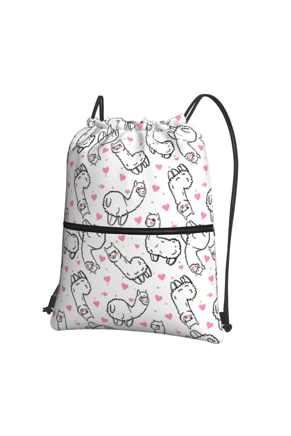 Alpacas and Hearts Drawstring Backpack String Bag Cinch Water Resistant for Gym Shopping Sport Yoga