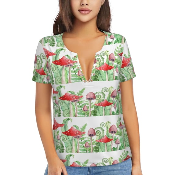 Naloa Amanita Fly Agaric Print T-Shirts Short Sleeve V Neck Tees for Women Fashion Tops Trendy Lightweight Soft Casual Summer Outfits Clothes