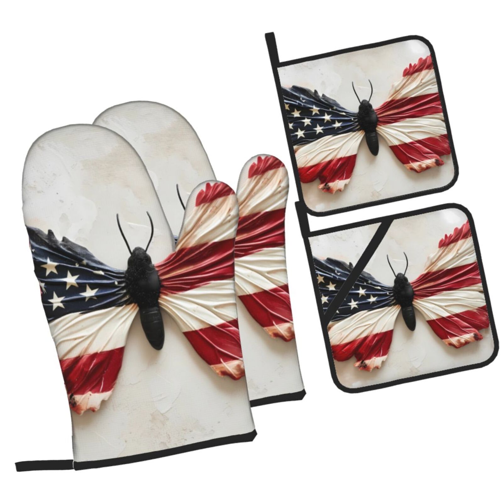 Naloa American Flag Butterfly Wall Oven Mitts and Pot Holders 4 pcs Set, Cooking Baking Grilling Kitchen Oven Glove for Cooking