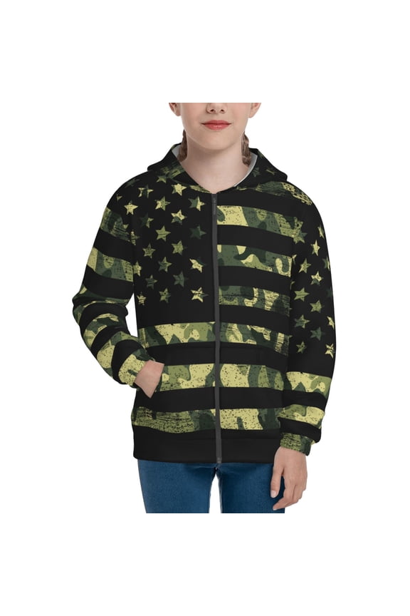American Flag Camo Teenage Zipper Hoodie, Long Sleeve Zip Up Hoodies Casual Jackets Tops for 7-12 Years-Small