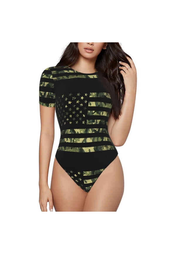 American Flag Camo Women's Short-Sleeved Onesie, One-Piece Swimsuit for Parties, dates, clubs - Medium