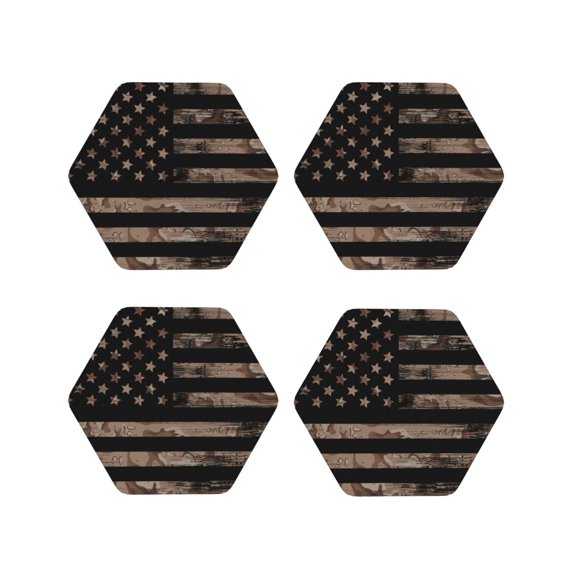 Naloa American Flag with Desert Camouflage Leather Coasters for Drinks, Durable Drink Coasters 4 Set for Tabletop Protection, Luxurious Home Décor and Housewarming Gift ( {designName})Hexagon