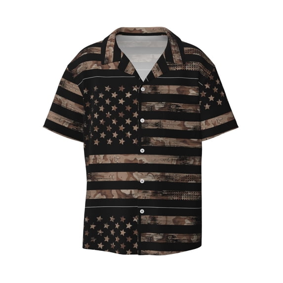 Naloa American Flag with Desert Camouflage Men's Loose Fit Cuban Collar Short-Sleeve Shirt with Button-down and Chest Pocket for Everyday Wear Outings - X-Large