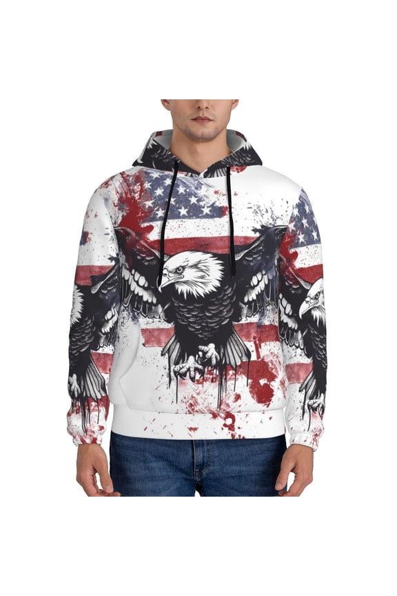 American Flag Eagle Art Men's Casual Hooded Collar Drawstring Hoodies Pullover Sweatshirts Casual Long Sleeve Shirts-3X-Large