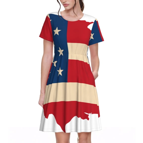 Naloa American Flag Map Print Womens Summer A-Line Dress with Pockets,Short Sleeve Dresses,Flowy Beach Swing Dress for Vacation Travel