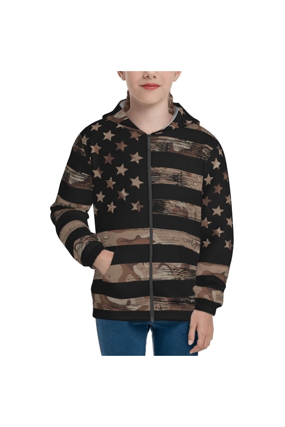 American Flag with Desert Camouflage Teenage Zipper Hoodie, Long Sleeve Zip Up Hoodies Casual Jackets Tops for 7-12 Years-Medium