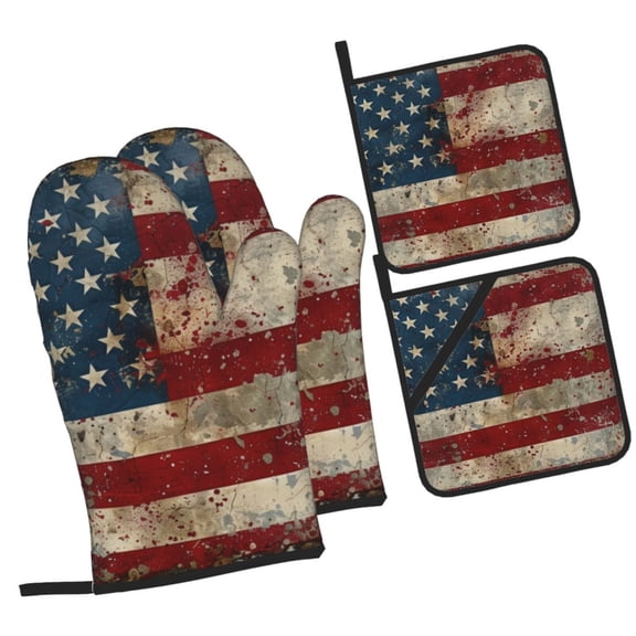 Naloa American Flag1 Oven Mitts and Pot Holders 4 pcs Set, Cooking Baking Grilling Kitchen Oven Glove for Cooking