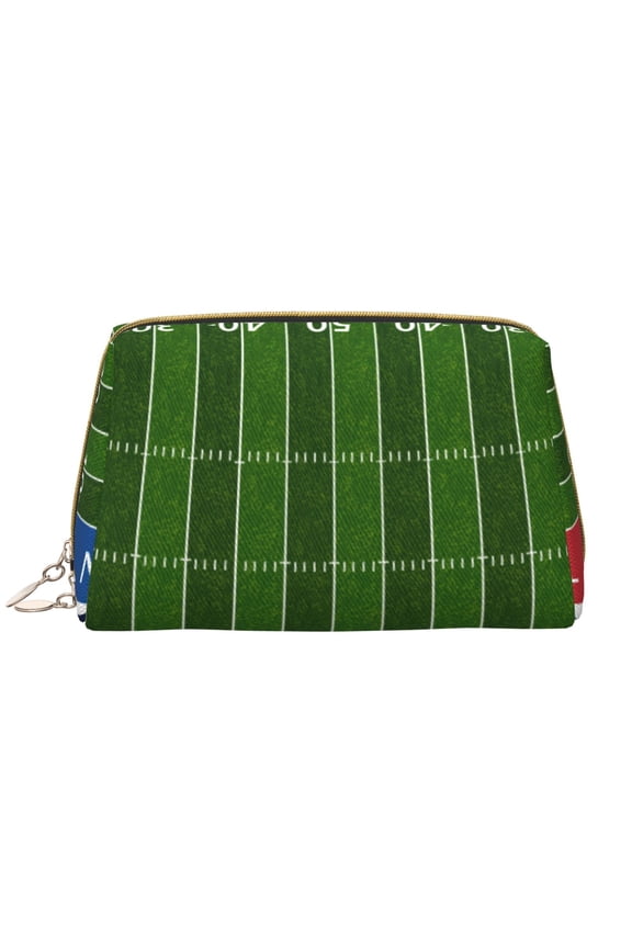 American Football Field Leather Makeup Bag for Purse Travel, Portable Small Cosmetic Organizer for Women and Girls, Make up Bag with Zipper