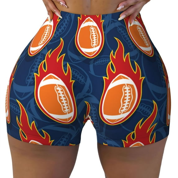 Naloa American Football and Fire Flames Biker Shorts for Women Seamless Scrunch Short Women’s Yoga Shorts for Gym Running Sport Shorts - Large