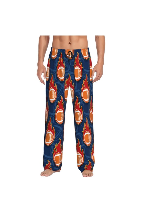 American Football and Fire Flames Pajama Pants Men, PJ Bottoms, Sleep & Lounge Pants-Large