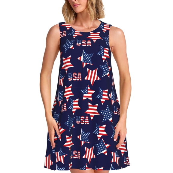 Naloa American Stars Print Women's Summer Spring Casual Beach Sundress,Vacation Sleeveless Tank Crewneck Loose Dresses