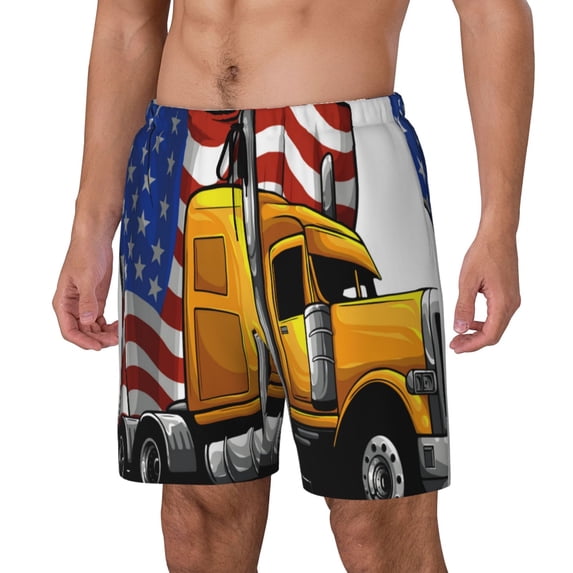 Naloa American Truck Print Men Swim Trunks with Compression Liner ,Board Shorts,Men's Swim Shorts with Drawstring and Elastic Waistband-Medium