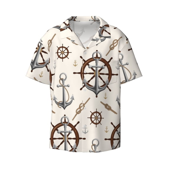 Naloa Anchor with Rope Men's Loose Fit Cuban Collar Short-Sleeve Shirt with Button-down and Chest Pocket for Everyday Wear Outings - Medium