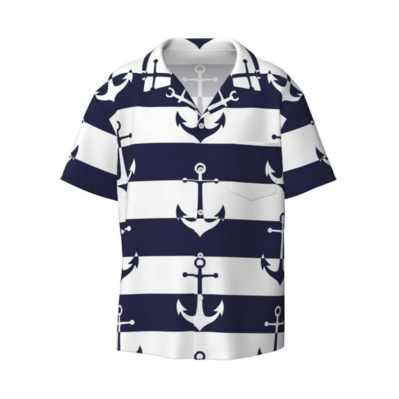 Naloa Anchors Men's Loose Fit Cuban Collar Short-Sleeve Shirt with Button-down and Chest Pocket for Everyday Wear Outings - 4X-Large