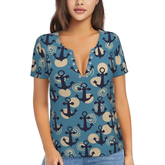 Naloa Anchors Print T-Shirts Short Sleeve V Neck Tees for Women Fashion Tops Trendy Lightweight Soft Casual Summer Outfits Clothes