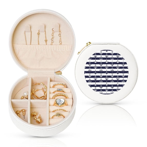 Naloa Anchors Round Jewelry Box, Travel Jewelry Organizer, 3.9 x 3.9 x 2in Jewelry Storage Box for Women-White