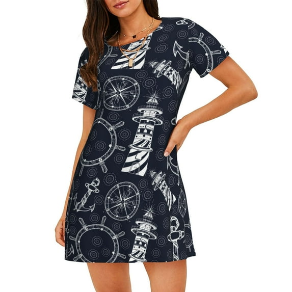 Naloa Anchors and Lighthouse Print Women Nightgowns,Womens Loungewear,Short Sleeve Sleepwear,Comfy Ladies Nightdress