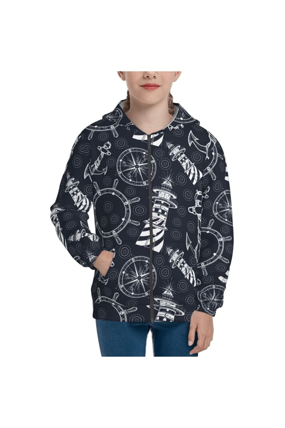 Anchors and Lighthouse Teenage Zipper Hoodie, Long Sleeve Zip Up Hoodies Casual Jackets Tops for 7-12 Years-Small